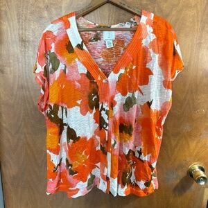 Joie Linen Orange Floral Button Up Top Boxy Oversized Art To Wear 2X Lagenlook